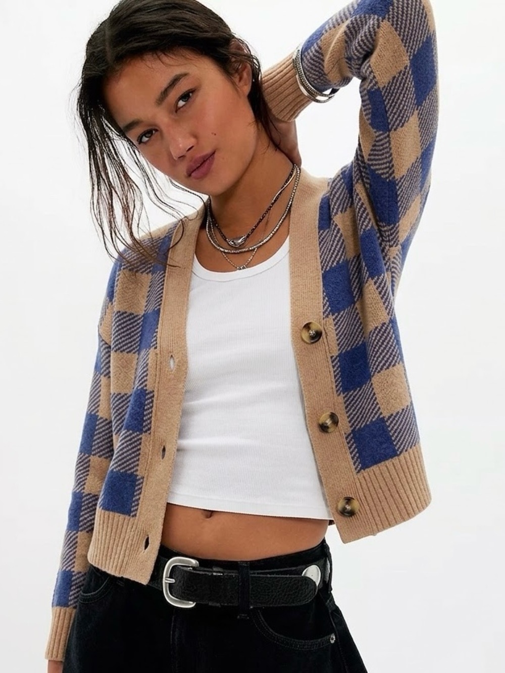 Madewell Bayberry Cardigan Sweater in Tan Buffalo Check Size XS/S Dark Academia
